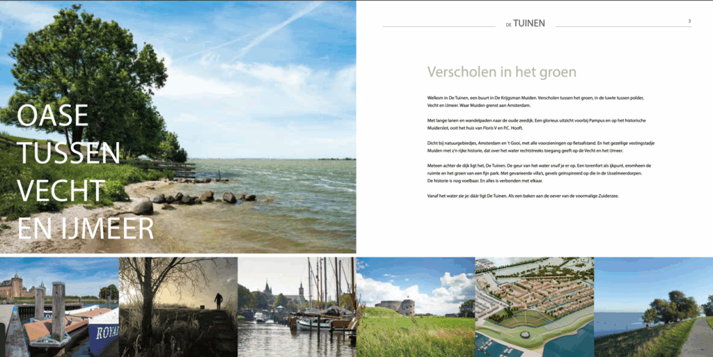 2 pagina's uit een brochure, met als tekst 'oase tussen vecht en IJmeer', met op de achtergrond een stukje groen, met daarnaast een stukje strand en water ernaast. Onder kleinere afbeeldingen van een kasteel, bovenaanzicht stad, schepen in een haven.